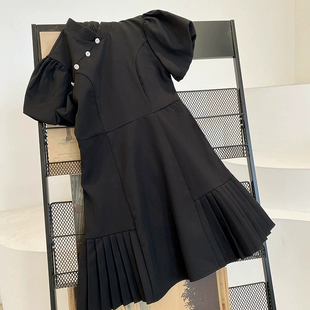 短袖 黑色连衣裙女夏季 高级感气质新款 显瘦雪纺旗袍改良百褶半裙