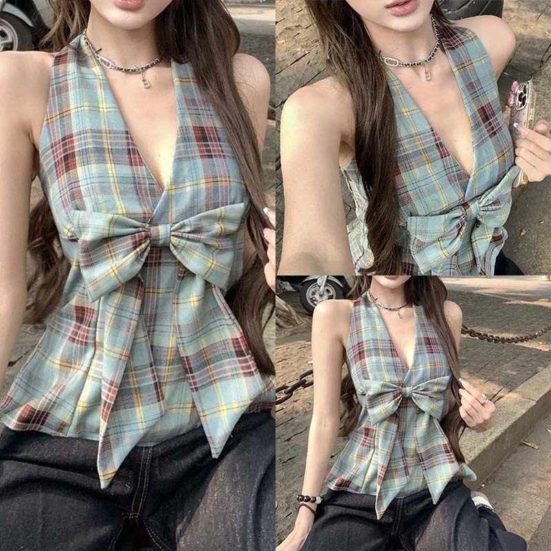 纯欲炸街挂脖背心女新款法式名媛气质显瘦复古格子短款无袖上衣服