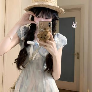 夏季 碎花连衣裙女小个子收腰公主裙 新款 甜美可爱少女感蓝色小飞袖