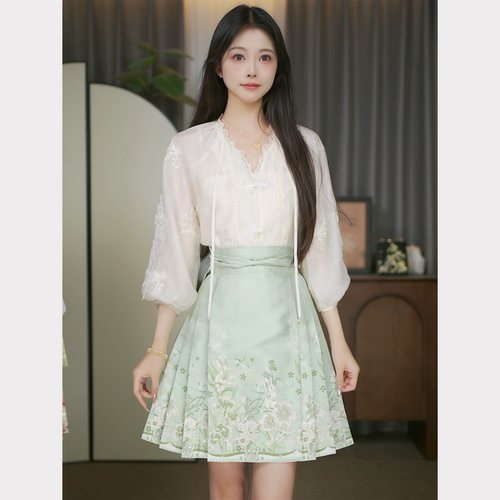 短裙套装清淮莫奈兔刺绣短袖夏季简约薄款秋季汉服中国风夏款向宁