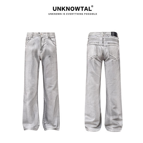 Unknowtal复古浅灰直筒牛仔裤