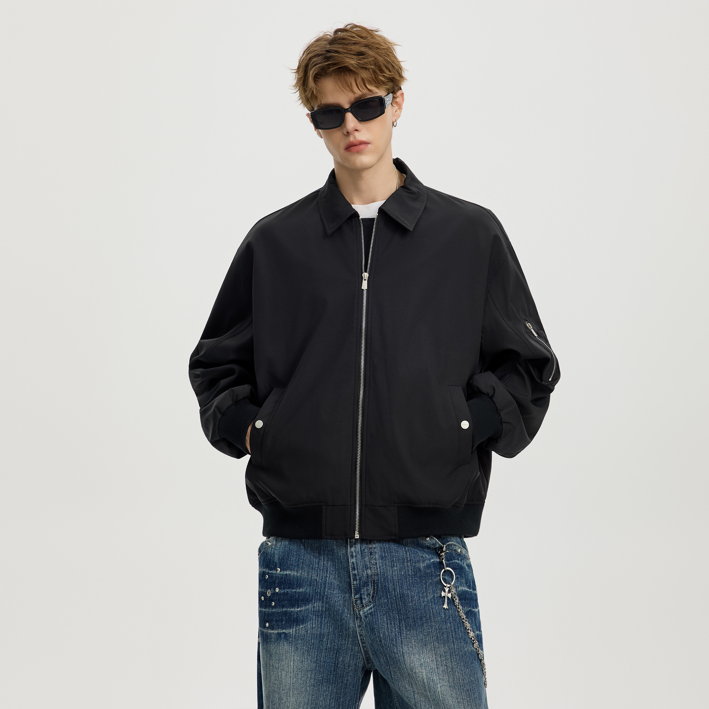 UNKNOWTAL美式复古重磅工装宽松休闲翻领飞行员夹克短款外套棉服