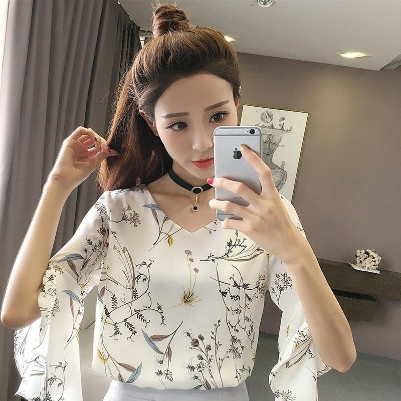 Chiffon shirt 2021 summer new pattern Broken flowers jacket Women's wear pagoda sleeve Ultra cents Show thin Base coatin the Women's clothing/Boutique , Lace shirt/Chiffon shirt  category - from Buy2taobao.com to provide professional Taobao agent buy service