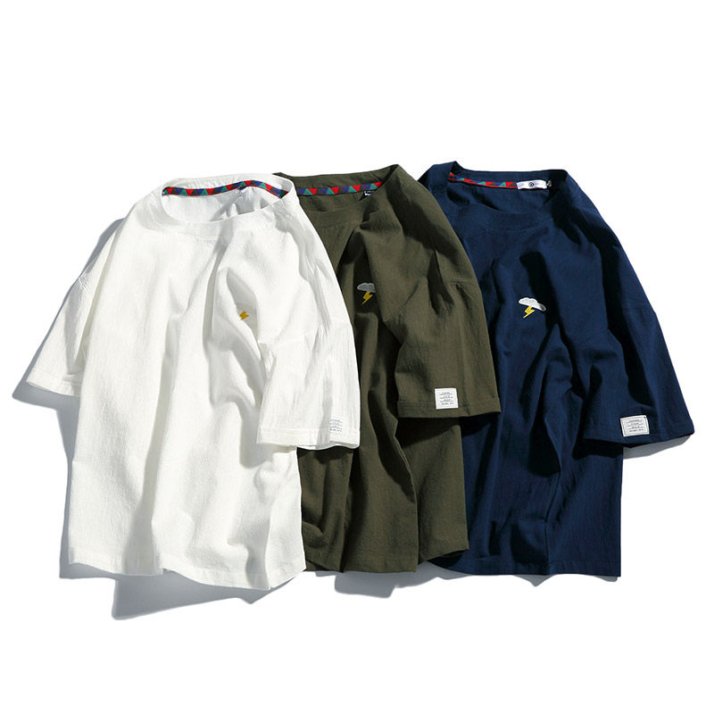 亚麻刺绣短袖男士夏季重磅潮牌宽松衣服oversize复古潮流百搭t恤