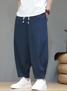 九分裤男夏季薄款宽松灯笼裤新中式冰丝裤子中国风直筒哈伦萝卜裤