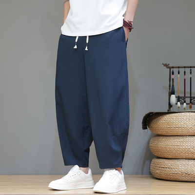 九分裤男夏季薄款宽松灯笼裤新中式冰丝裤子中国风直筒哈伦萝卜裤