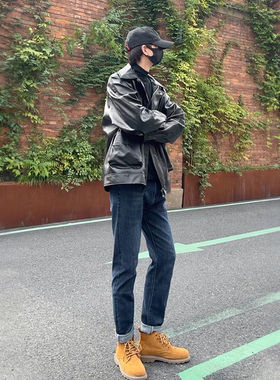美式深蓝色弹力牛仔裤男款秋冬搭配马丁靴的裤子直筒弹力修身小脚