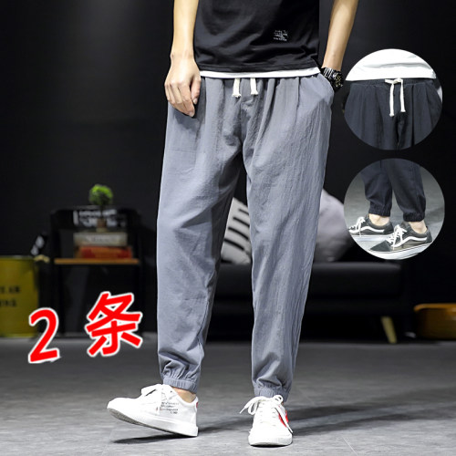 夏季薄款亚麻束脚潮流运动休闲裤