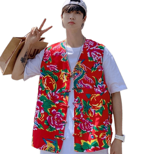 东北大花盘扣马甲男女同款演出服2023新款大码民族风无袖背心外套