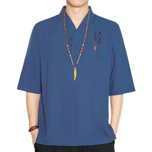 棉麻中袖男t恤七分袖纯棉茶服男士休闲7分袖薄款亚麻短袖潮流简约
