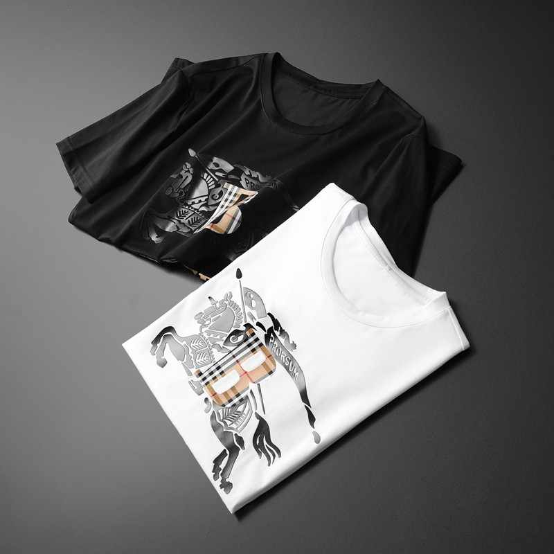 潮牌夏装巴宝莉纯色修身短袖T恤男士圆领印花丝光棉半袖T恤衫青年