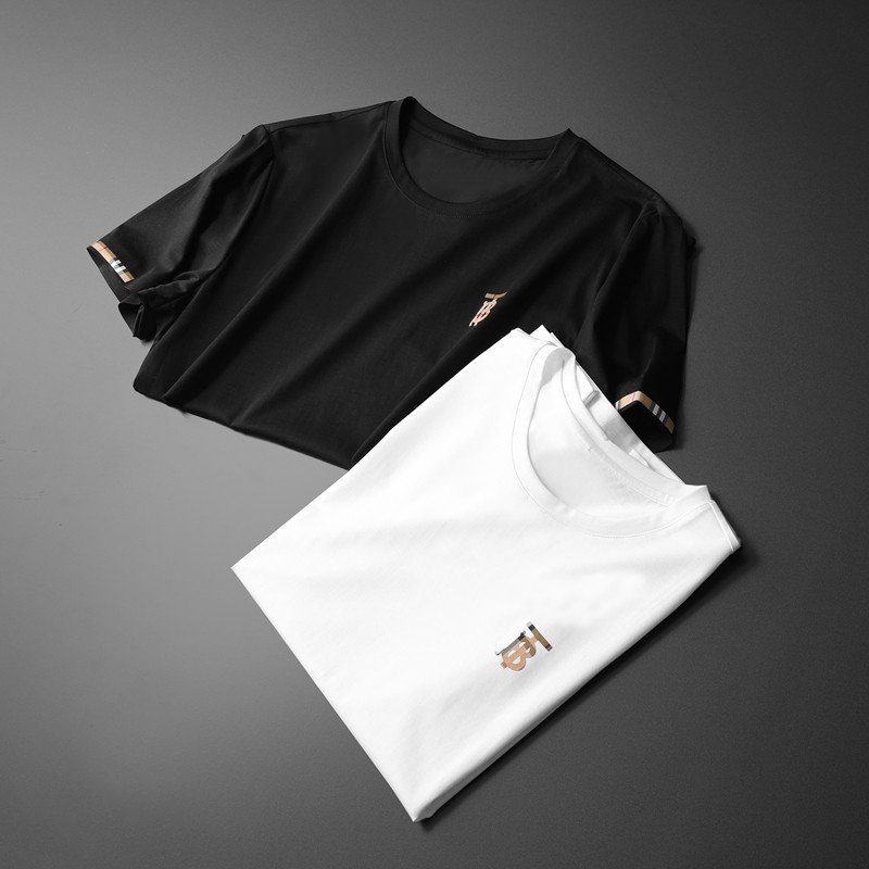 潮牌巴宝莉纯色短袖T恤男格子印花丝光棉半袖青年修身休闲打底衫