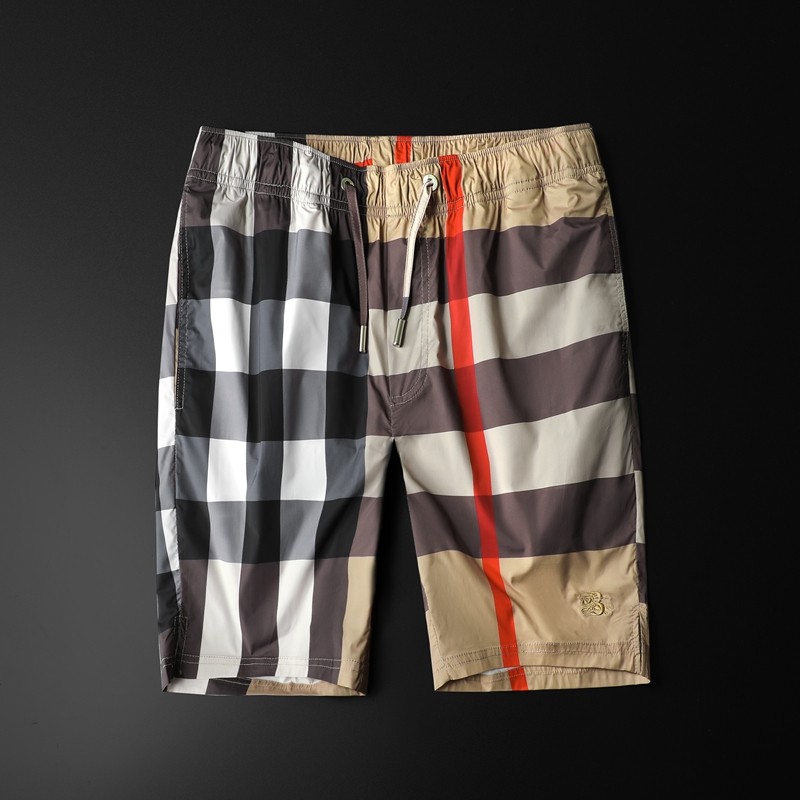 巴宝莉纯色经典格子短裤男士直筒刺绣五分裤潮牌夏装中裤沙滩裤子