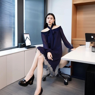 挂脖吊带雪纺裙外贸连衣裙欧美M家女装露背系带长袖套头裙子