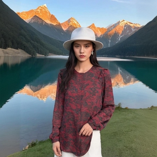 长袖暗筒荷叶边外贸衬衫宽松百搭印花雪纺衫M家夏季女士套头上衣