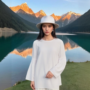 欧美风Mk女士精品宽松外贸上衣百搭喇叭袖半开领白色套头雪纺衫