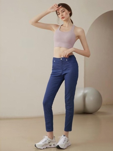 棉织条纹低腰休闲裤夏外贸M家女装新款缩腰九分铅笔裤薄款苏妮亚