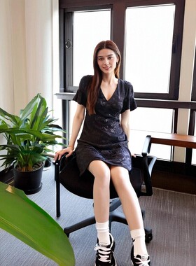V领绣花雪纺连衣裙外贸M家女装夏季新款拉链黑色短裙高腰大摆裙子