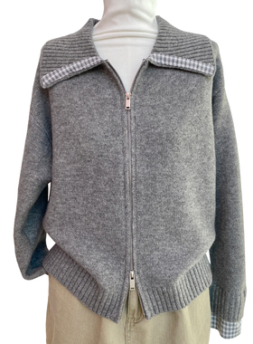灰色翻领厚款开衫毛衣女秋冬新款慵懒高级长袖双拉链外穿毛衣外套