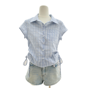 短款 夏装 衬衫 bm风辣妹抽绳掐腰弧形下摆浅蓝色格子短袖 上衣女 新款