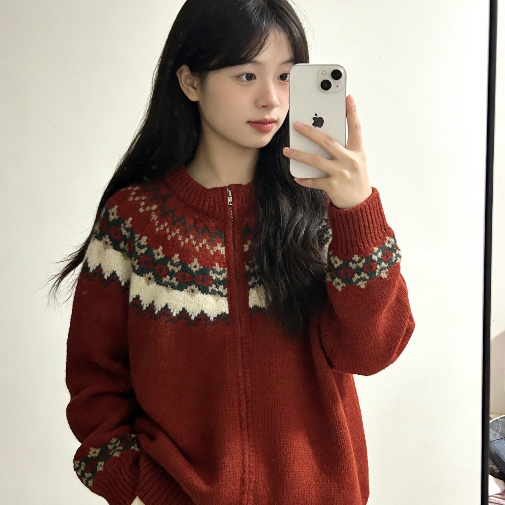 新款费尔岛风红色拉链针织开衫上衣女秋冬季复古提花圆领毛衣外套