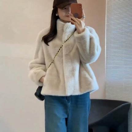 水貂毛绒立领毛毛外套女年轻款貂皮短款皮毛一体2024冬季环保皮草