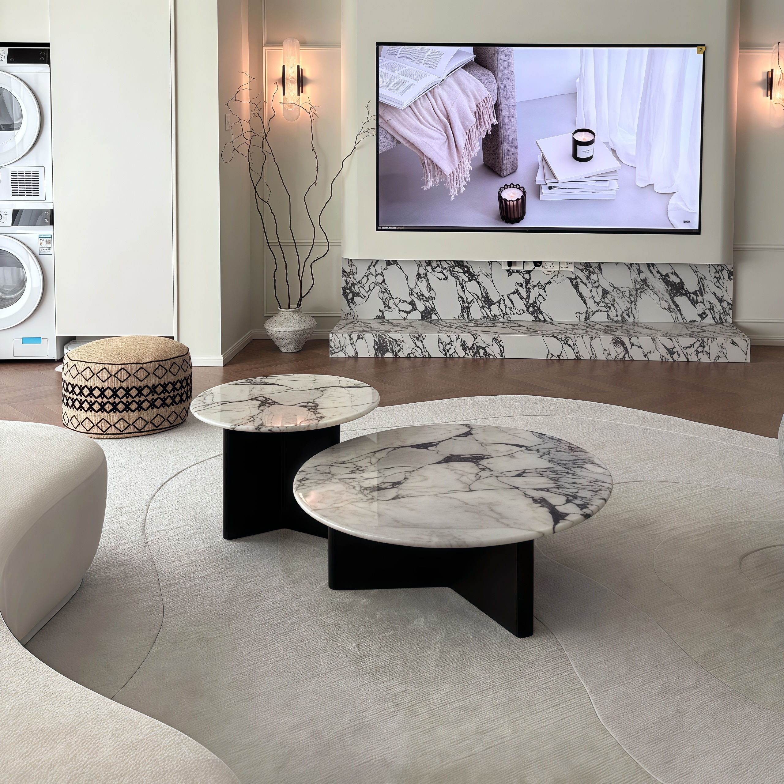 法式大理石茶几客厅大小户型圆形轻奢现代简约高级感茶几边几组合