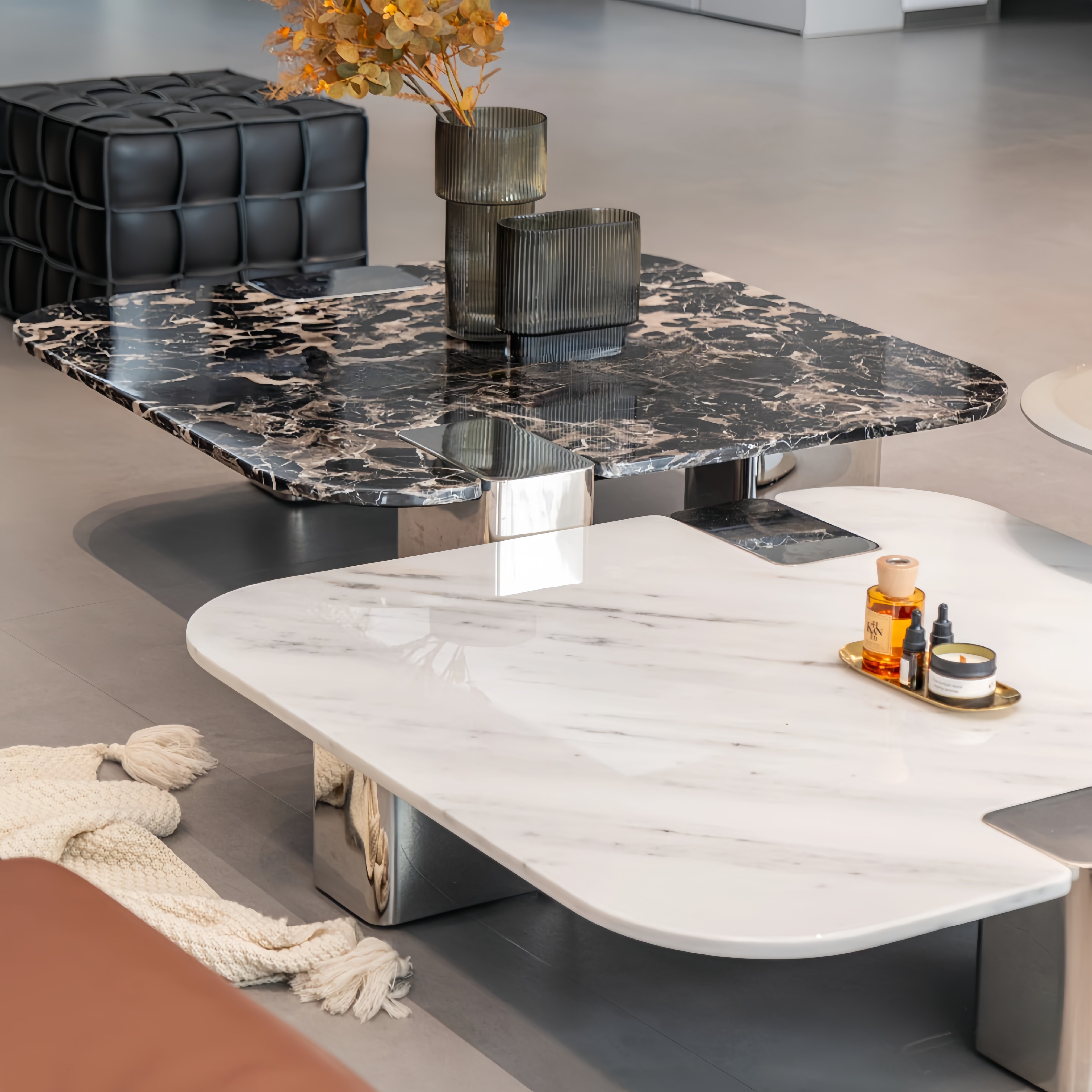意式轻奢大理石茶几大平层家用现代简约极简设计感圆形茶几组合