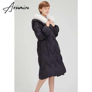 特卖超值衣莎美诺冬狐狸毛领长款加厚连帽羽绒服女黑色64123180