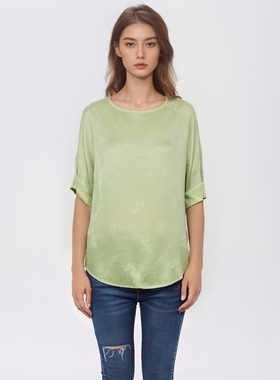 夏季新中式暗纹提花雪纺衫短袖女百搭圆领国风T恤上衣Y337B8595