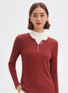 衣莎美诺春秋简约休闲针织套头衫女毛衫V领内搭酒红Y544C0912