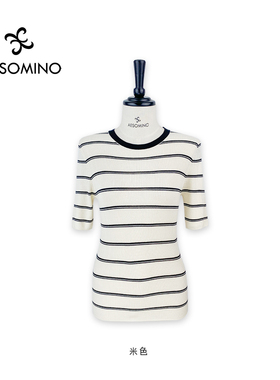 【新品】AESOMINO衣莎美诺夏细条纹圆领短袖针织衫米色Y575B3019