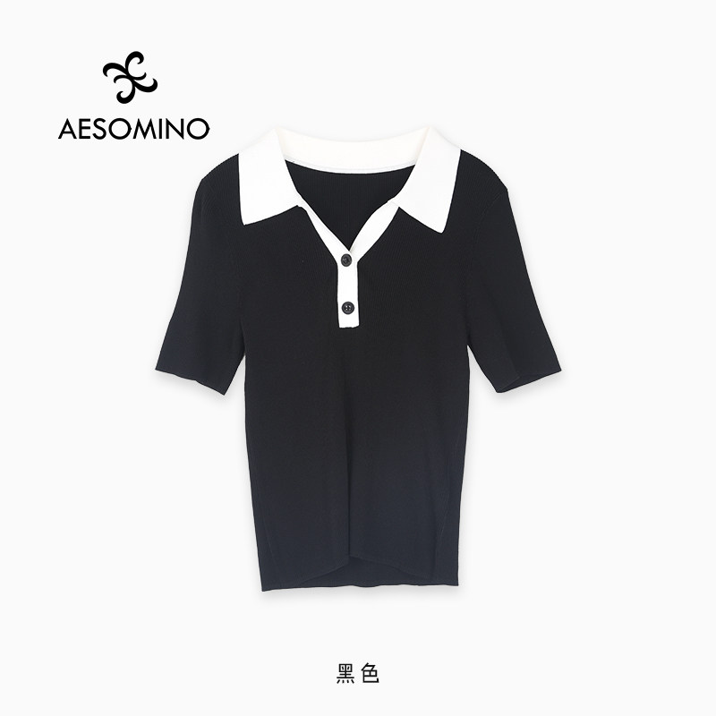 25春夏短袖翻领V领撞色Polo衫女T恤修身上衣套头衫黑色Y397CM061