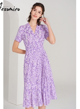 衣莎美诺夏季碎花短袖连衣裙粉紫色气质有精神A字裙V领Y565BQ017
