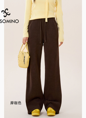 冬加绒简约直筒裤女ATYZ通勤松弛羊绒蚕丝保暖休闲裤针织抽绳长裤