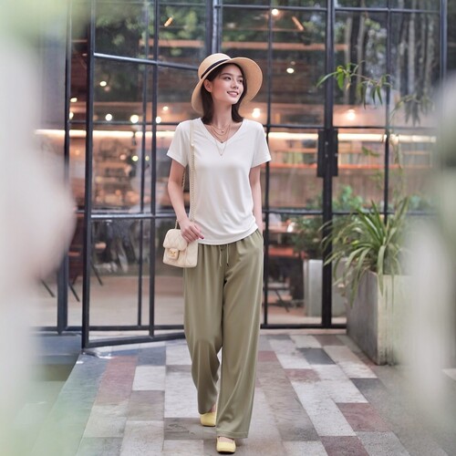 特卖衣莎美诺夏简约休闲V领醋酸短袖修身型T恤女上衣白色Y346SC02