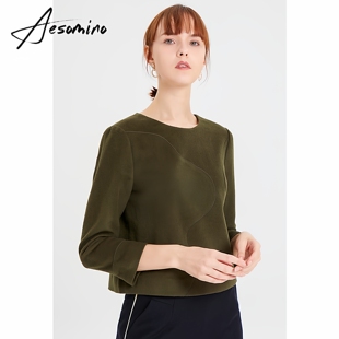 轻奢风冬羊毛羊绒上衣女厚款 圆领打底短外套直筒型军绿色64251109