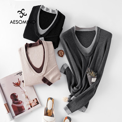 V领撞色羊毛醋酸混纺打底针织衫