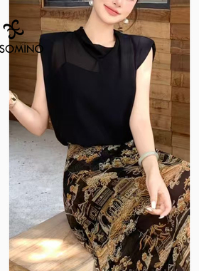 夏季无袖不规则上衣雪纺小衫休闲百搭上衣Y058B1551,Y058B3151