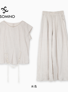 新中式天丝亚麻套装女短袖上衣高腰显瘦阔腿裤两件套Y058B3136