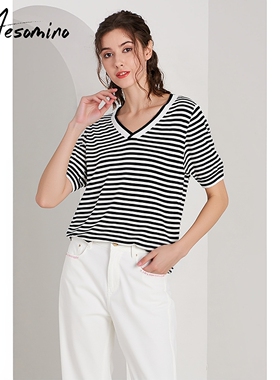 衣莎美诺夏季天丝短袖T恤女上衣黑白条纹小衫休闲百搭Y646BY001