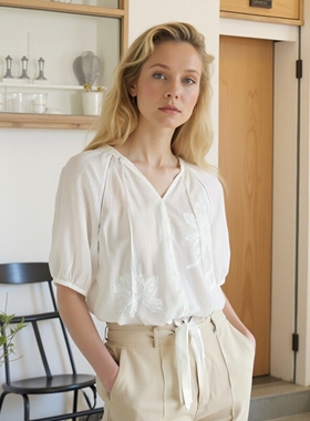 新中式亚麻宽松衬衫刺绣轻薄防晒上衣女夏季短袖小衫Y684B7030