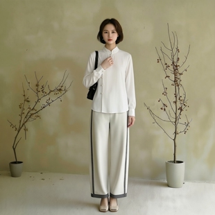 衣莎美诺气质通勤国风中式春秋长袖衬衫粉白色上衣女Y498C7501