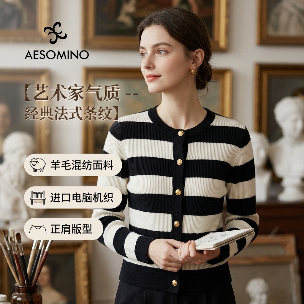 衣莎美诺春秋圆领艺术家气质经典法式羊毛条纹针织开衫女上衣BEVP