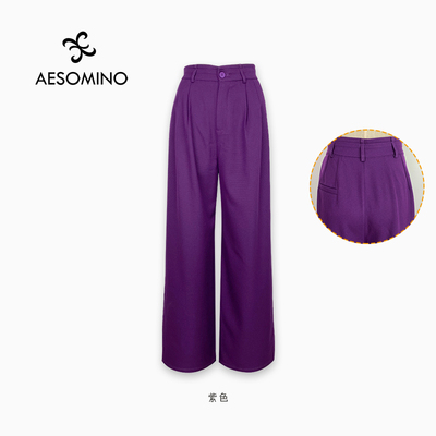 衣莎美诺春秋高腰休闲裤女长裤宽松直筒裤阔腿紫色黑色Y095C3807
