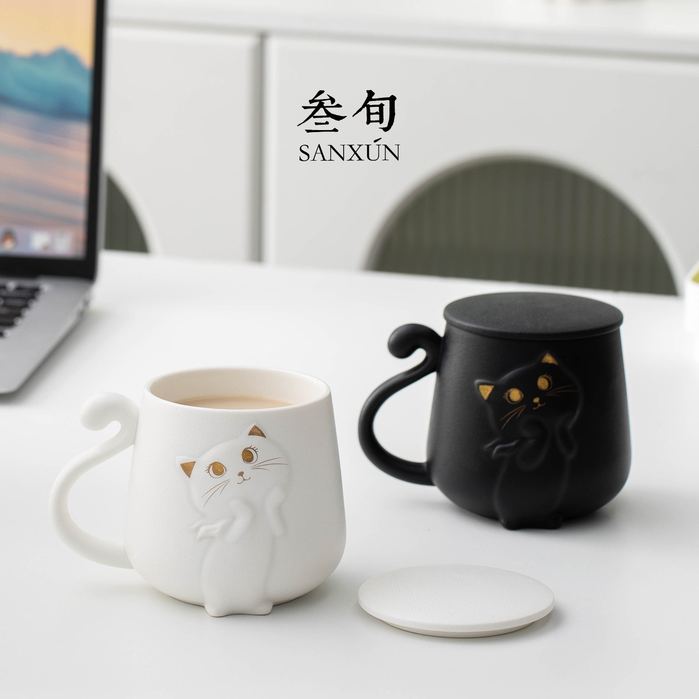 叁旬招财猫马克杯陶瓷喝水杯带盖女生高颜值猫咪咖啡杯节日送礼