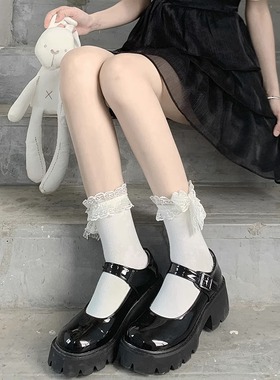 日系袜子蕾丝纯色中筒袜lolita花边袜蝴蝶结宫廷风公主袜jk短袜