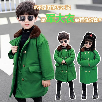 儿童军绿色大衣加棉加厚宝宝冬季保暖中长款男童复古外套棉衣加绒