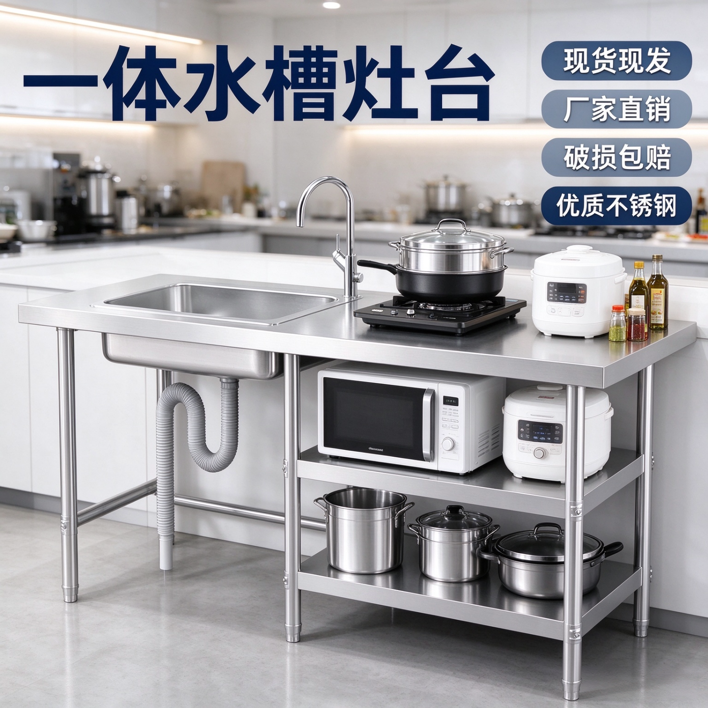 厨房水槽灶台架一体柜子不锈钢工作台操作台煤气罐燃气灶置物架子