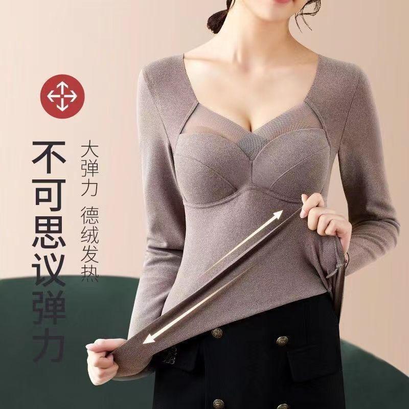 保暖内衣女带胸垫绒保暖加绒加厚女款大码冬季发热长袖一体式秋衣